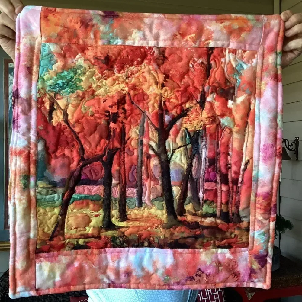 NWT. Hand Crafted Colorful Quilted Forest Wall Art Quilt